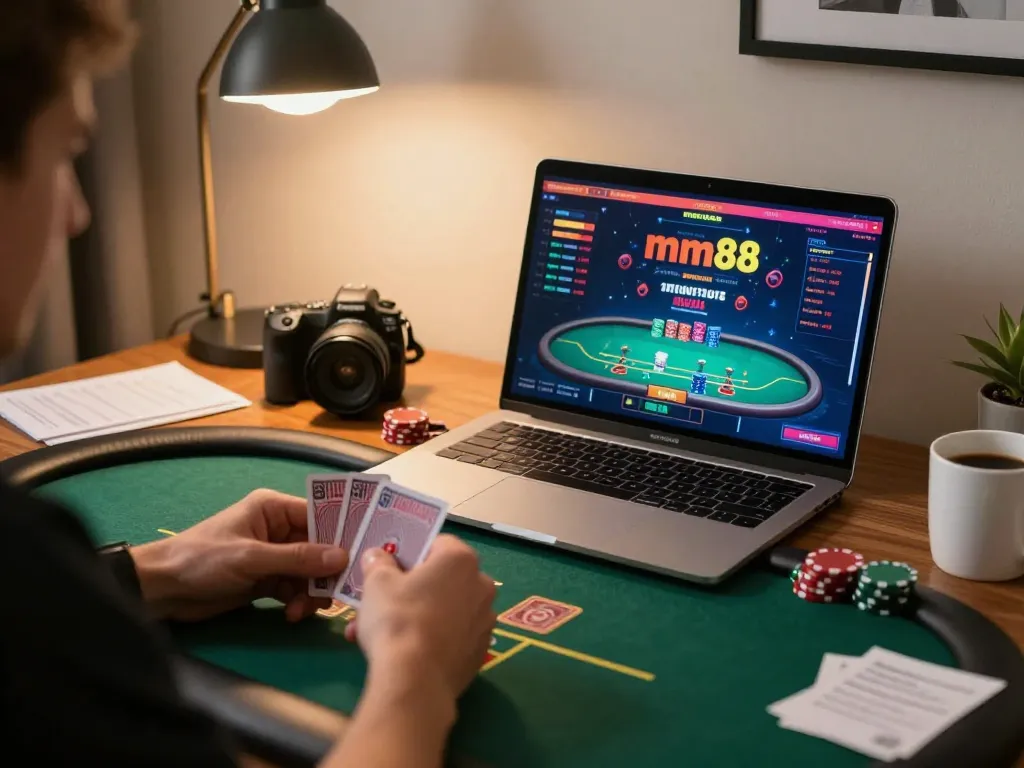 Online poker gameplay at home with mm88, hands holding cards and laptop displaying vibrant betting interface.