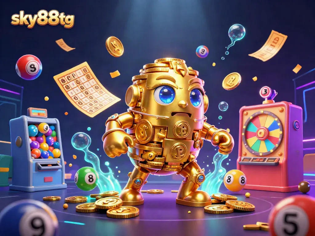 Experience the vibrant energy of sky88tg with an ancient golden golem amid colorful lottery elements.