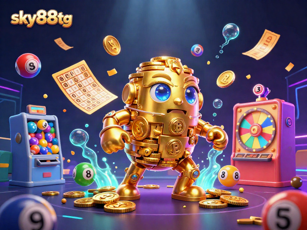 Experience the vibrant energy of sky88tg with an ancient golden golem amid colorful lottery elements.