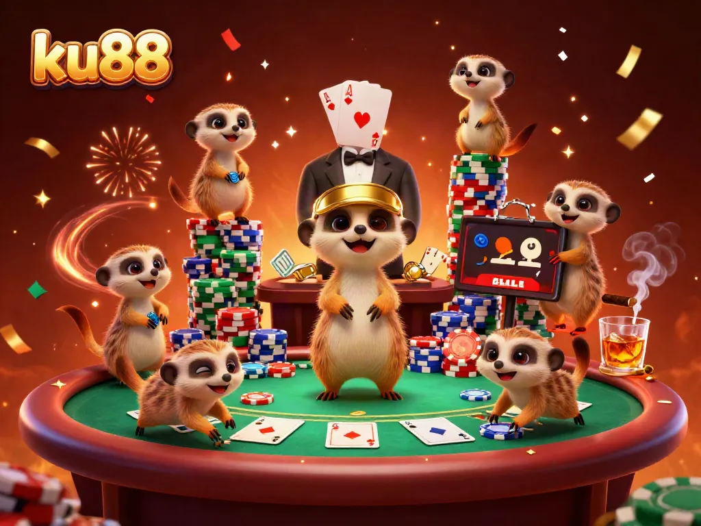Experience the excitement of ku88 with meerkats managing a vibrant casino, showcasing poker elements.