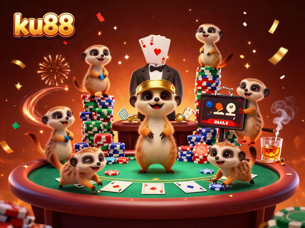Experience the excitement of ku88 with meerkats managing a vibrant casino, showcasing poker elements.