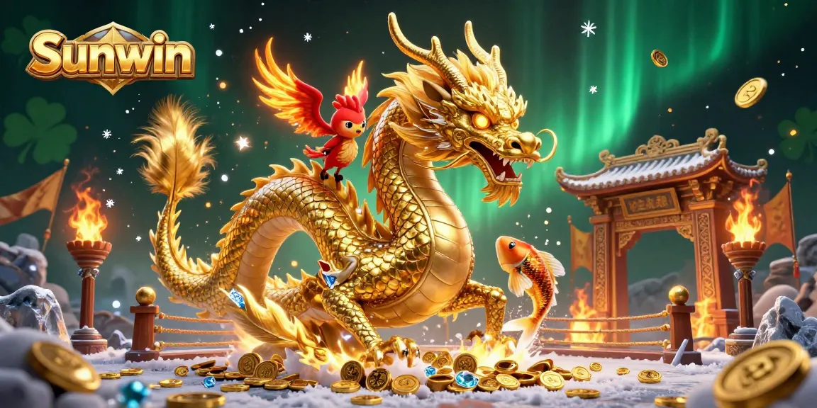 Experience the thrilling world of Sunwin with a dynamic casino scene featuring a golden dragon, phoenix, and koi fish.