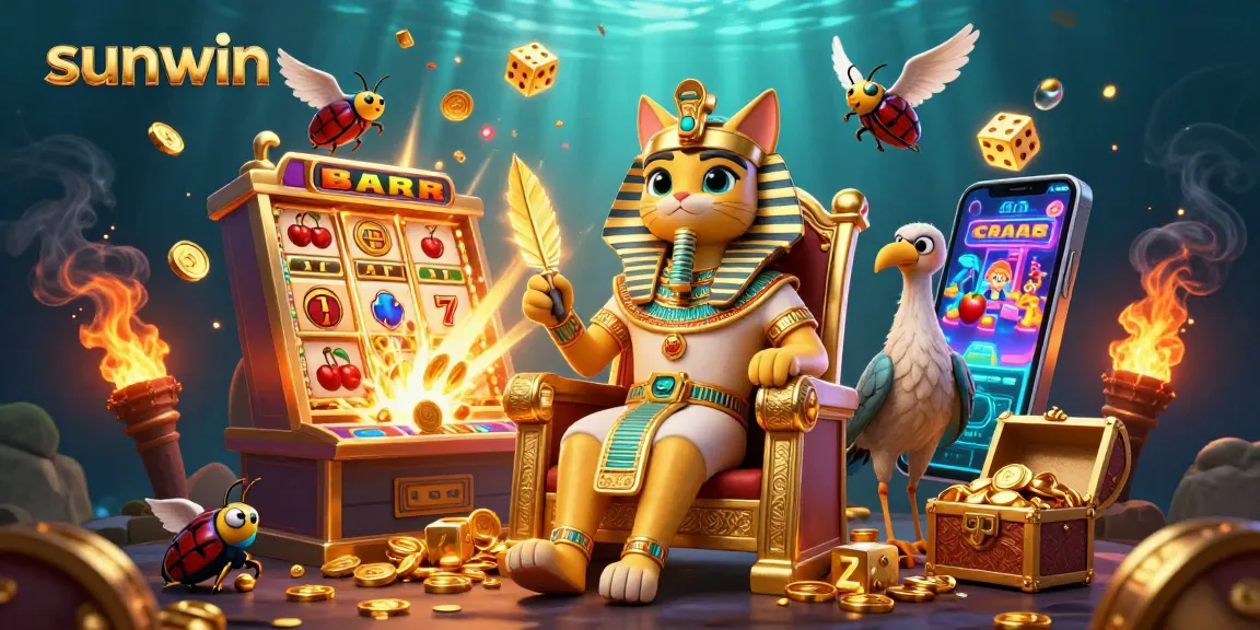Experience thrilling gameplay at sunwin with our pharaoh cat and jackpot slots amidst vibrant casino elements.