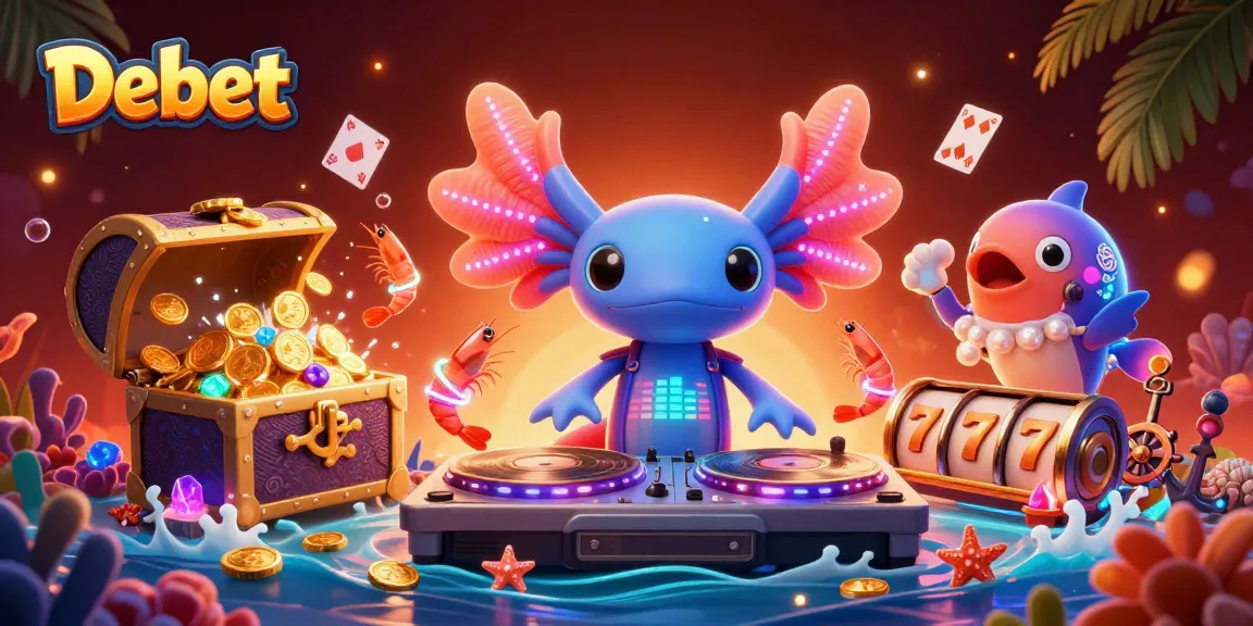 Engage with Debet's immersive gaming experience featuring a vibrant 3D underwater scene with a DJ and casino elements.