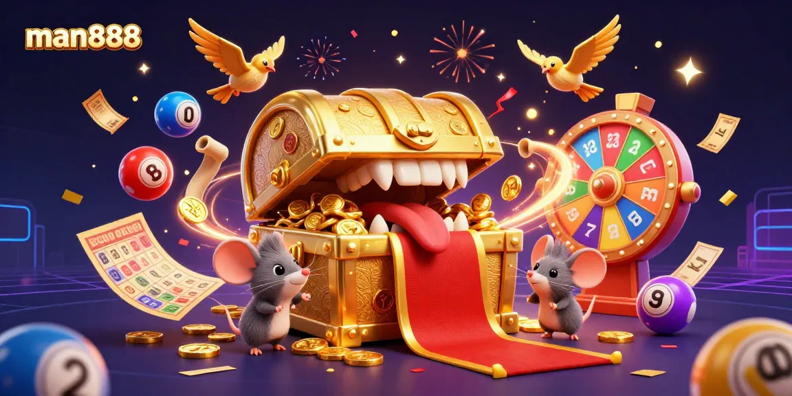 Experience thrilling gaming with man888 as lottery balls bounce in a vibrant casino scene.