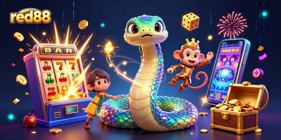 Experience the magic of red88 with vibrant slots and playful characters in a dazzling casino scene.