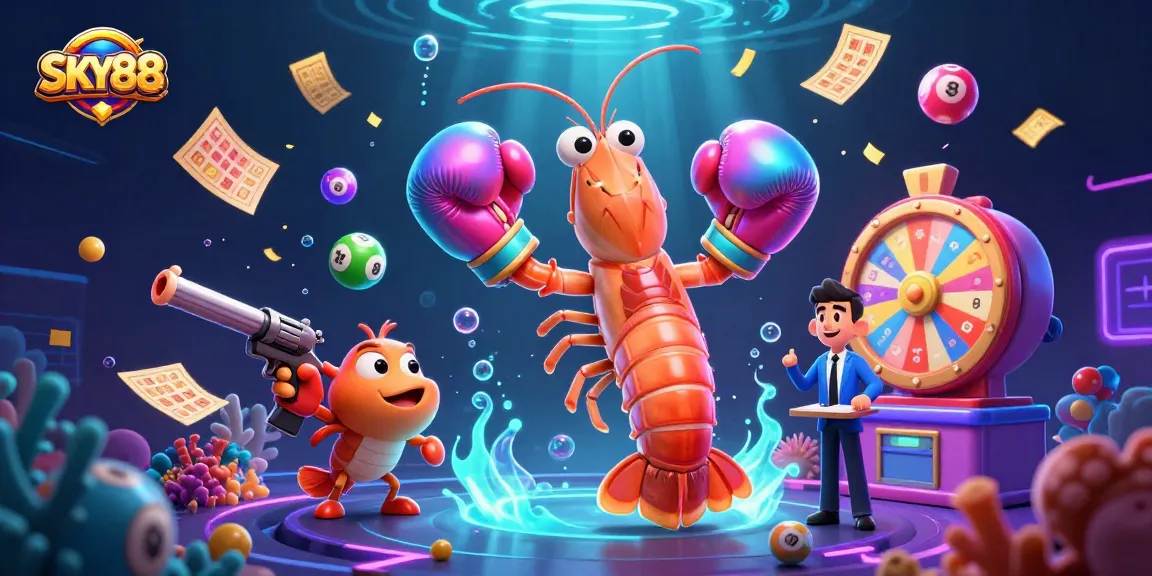 Experience the excitement of SKY88 with vibrant lottery balls and casino elements in an engaging scene.