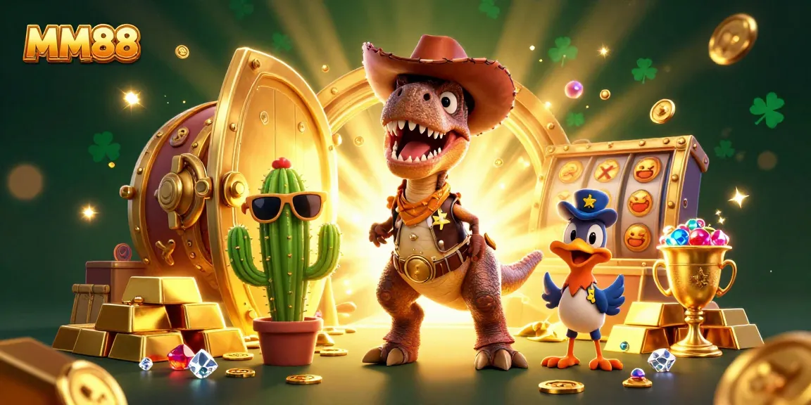 Spin jackpots with MM88 in an exciting illustration of a dinosaur, cactus, and roadrunner.