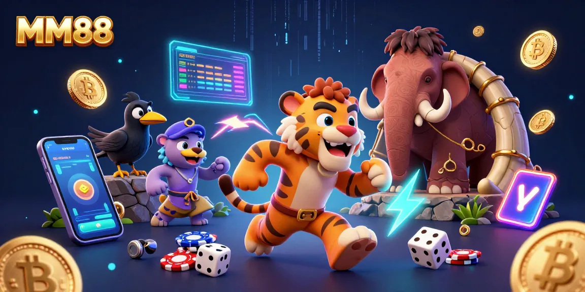 Experience thrilling gaming adventures at MM88 in a dynamic cartoon casino scene filled with fun elements.